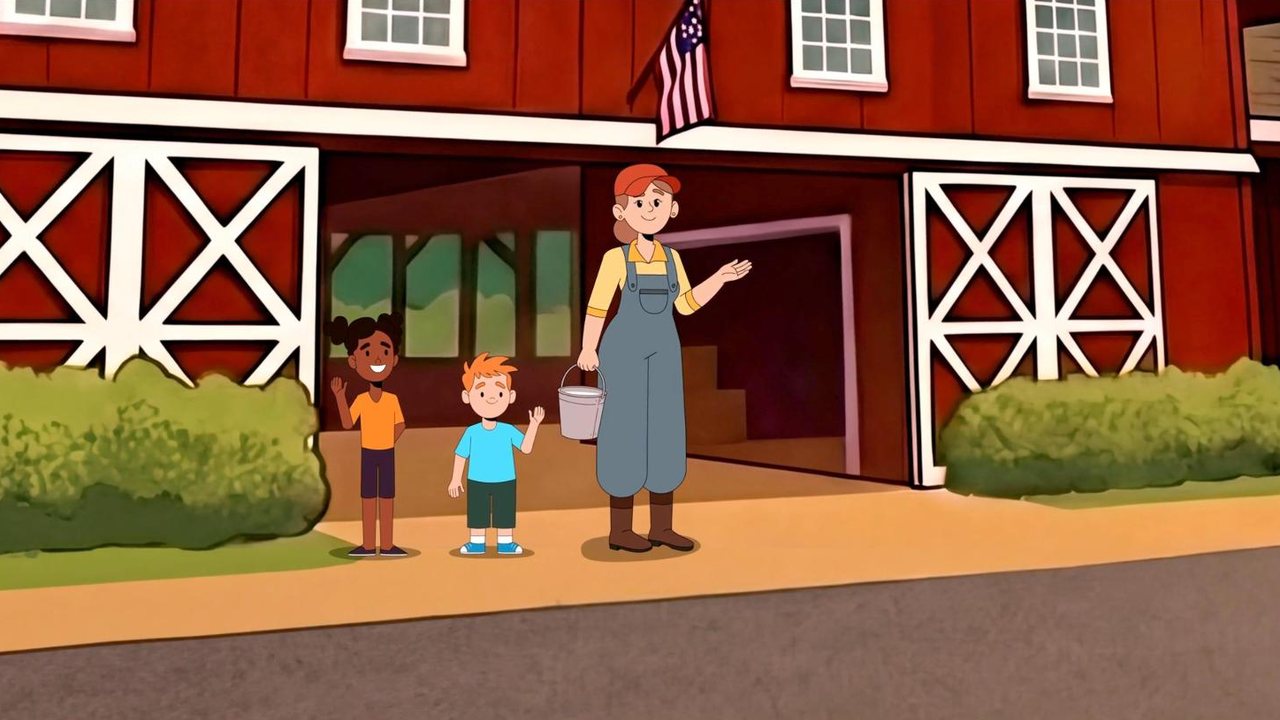 Farmer and two kids waving outside the red barn