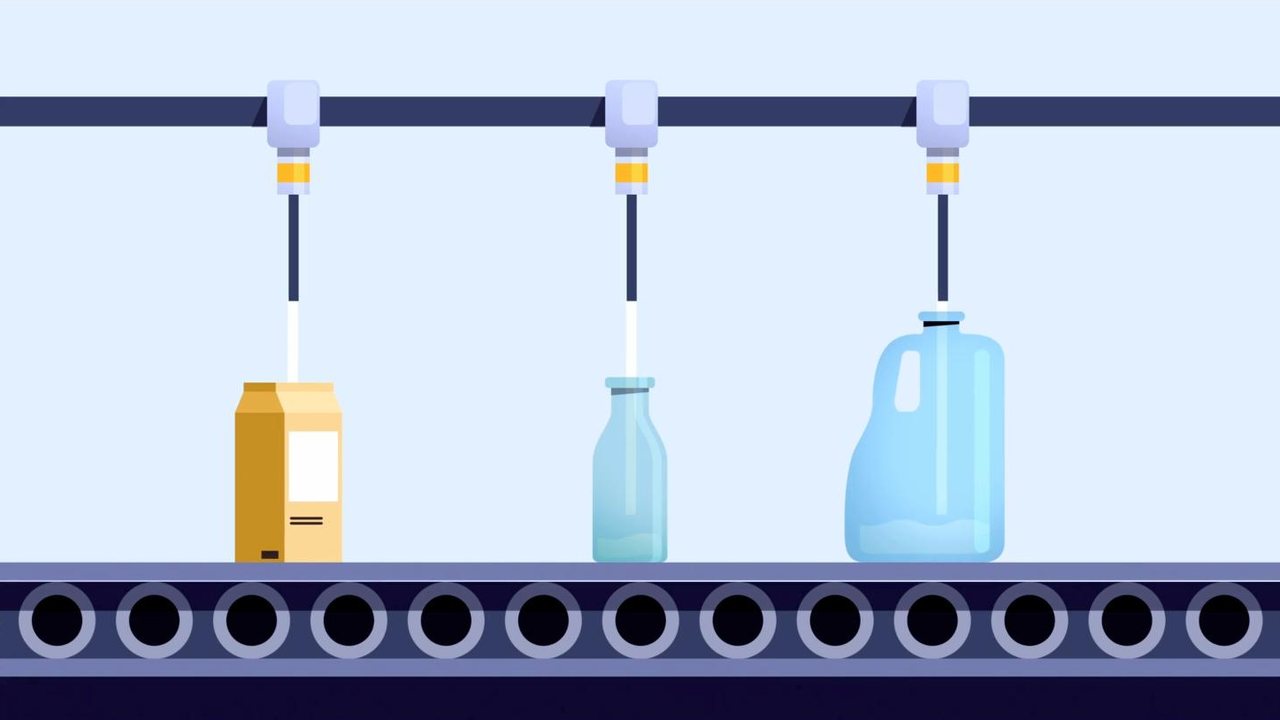 Carton, bottle and jug being filled on a conveyor