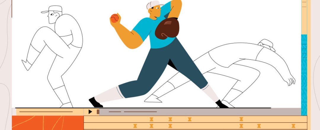 Animated baseball pitcher shown as a sketch and in full color