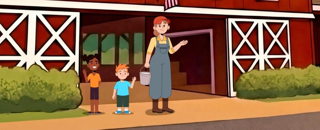 Farmer and two kids outside a red barn from the City of Overland Park video