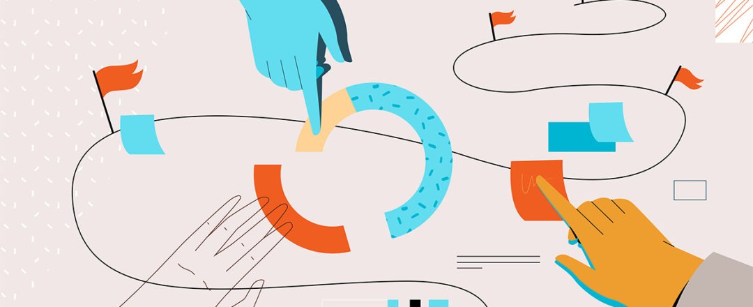 Hands mapping a video project route with flags